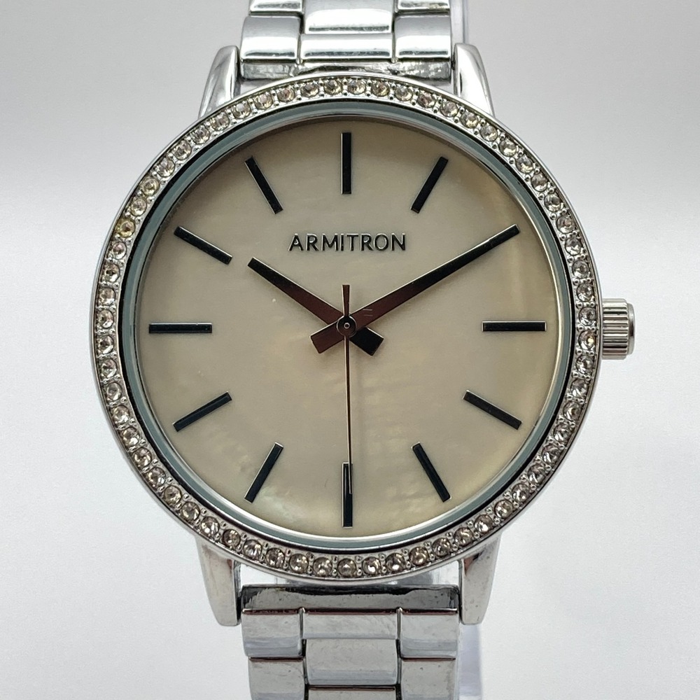 Armitron Women's Watch 37mm Silver Tone MOP Dial Crystals Bling New Battery 7"